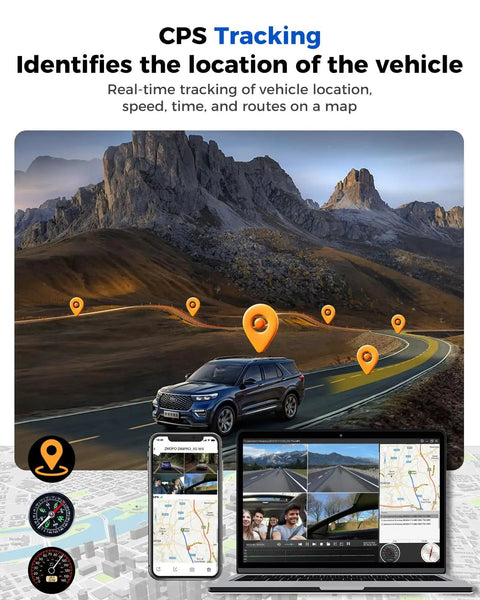 Conceptual image showing car location tracking with GPS on 360 Degree Quad Channel Dash Cam System; includes map and mobile app view.