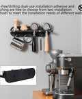 Heavy Duty Espresso Tamper Holder Wall Mount Portafilter Rack With Drip Tray Kitchen Coffee Accessories Organizer showing installation options and tools.