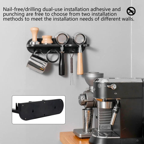Heavy Duty Espresso Tamper Holder Wall Mount Portafilter Rack With Drip Tray Kitchen Coffee Accessories Organizer showing installation options and tools.