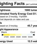Lighting facts label for Six Inch LED Disk Light Dimmable Flush Mount Ceiling Fixture with five CCT options, 1000 lumens, 12.5W.