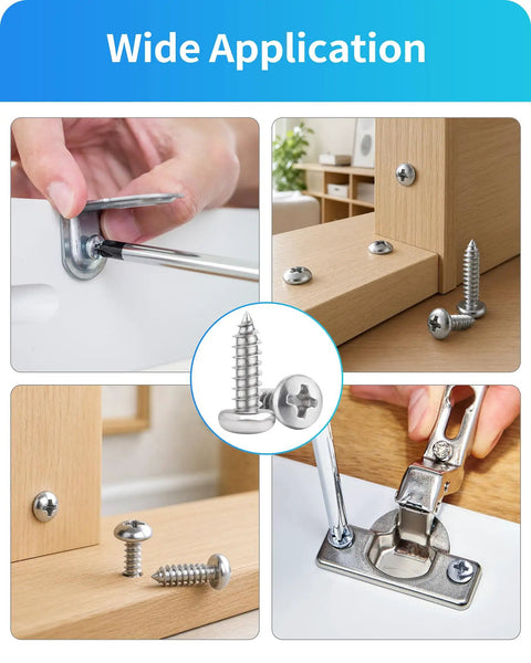 Stainless Steel Wood Screws Assortment Kit With 600 Piece Set Featuring 18 Sizes From Three Eighths Inch To Two Inches Phillips Pan Head Self Tapping Screws For Woodworking And Home DIY Projects Silver Finish used in cabinet and furniture assembly