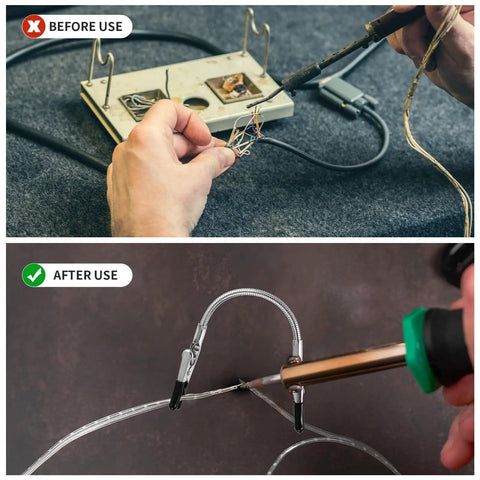 Comparison: before using traditional soldering setup, after using Two Pack Soldering Helping Hands Clamps Wire Holder For Soldering In The Field Lightweight And Sturdy Soldering Holder With Protective Design Keeps Wires Safe While You Work Great For Hobbyists And Pros.