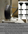 Beefed Up Heavy Duty Toilet Tank To Bowl Repair Kit With Bolts Gaskets Washers And Nuts For Leak Proof Mounting Compatible With 2 Inch And 3 Inch Seals Replacement For Leaky Toilets. close-up of black cone seal and stainless bolts installed on toilet tank
