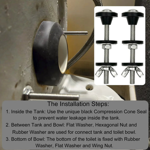 Beefed Up Heavy Duty Toilet Tank To Bowl Repair Kit With Bolts Gaskets Washers And Nuts For Leak Proof Mounting Compatible With 2 Inch And 3 Inch Seals Replacement For Leaky Toilets. close-up of black cone seal and stainless bolts installed on toilet tank