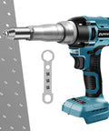 Zuyiyi Cordless Electric Rivet Gun For Makita 18V Battery Bare Tool, brushless design, mounted on metal panel, showcasing fastening capability.