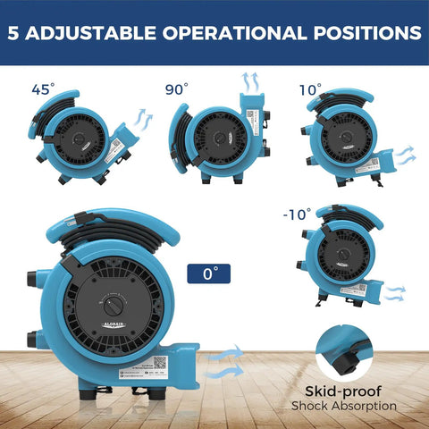 1000 CFM Air Mover Blower Fan for Drying with five adjustable operational positions and skid-proof feature shown.