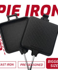Large Cast Iron Campfire Pie Iron Set for 4.9 inch pies with bigger cooking space on white background.