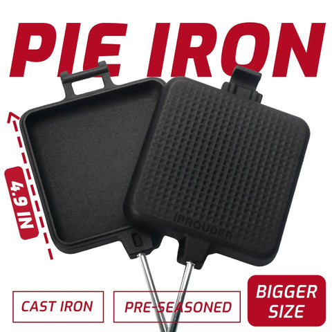 Large Cast Iron Campfire Pie Iron Set for 4.9 inch pies with bigger cooking space on white background.
