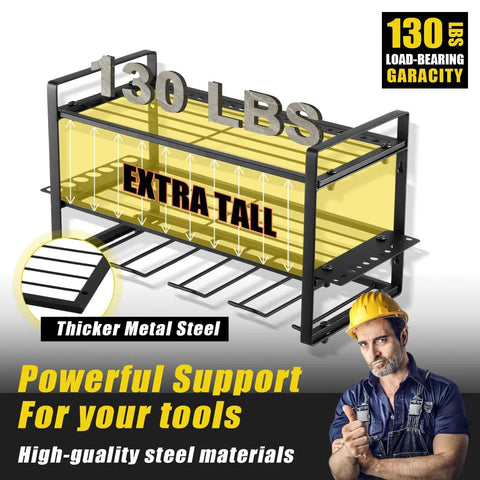 Heavy Duty 3 Tier Tool Organizer Wall Mount Set For Garage 2 Pack Cordless Drill Holder And Tool Shelves Stores Up To 8 Drills Hammer Pliers Screwdrivers And Extension Cord Hangers Space Saving Wall Rack with 130 lbs capacity and thicker metal steel construction