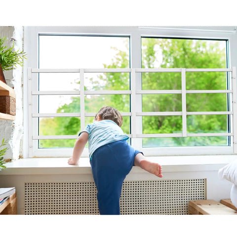 Beefy Kid Proof Window Guard Fixed Child Safety Barrier With No Sweat Setup And Tight Bar Spacing Non Egress Design keeps toddler secure by window.