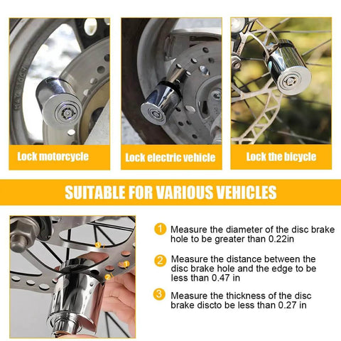 Rugged As Hell Motorcycle Disc Brake Lock With Two Keys, Anti Theft Wheel Lock shown on motorcycle, electric vehicle, and bicycle