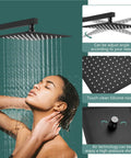 Woman using Dope Matte Black 10 Inch Square Rain Shower System With ABS Handheld Spray Wall Mount Faucet Fixture Rough In Valve Included Brass And SUS304 Stainless Steel Build 1.46 GPM