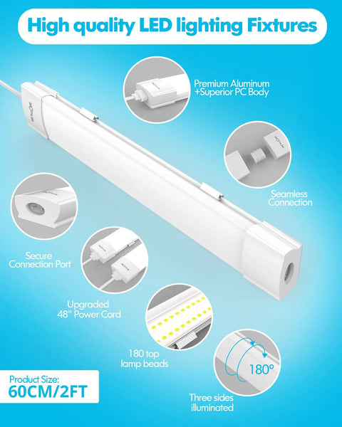 Plug In Ceiling Light Bar Two Foot LED Tube 5000K Daylight Bright Linkable Garage Fixture 18W No Flicker No Buzz Features