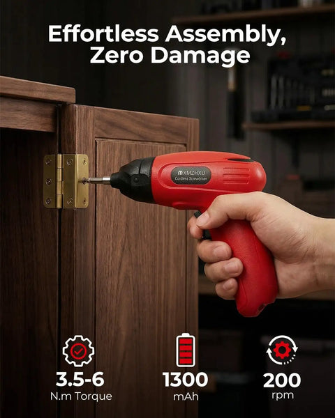 Compact 3.6V Cordless Screwdriver Kit With 50 Piece Bit Set Rechargeable 6 Nm Torque TypeC Fast Charging In 1.5 Hours Lightweight Workhorse Power Tool For Furniture Assembly And Home DIY Red used on a wooden cabinet hinge