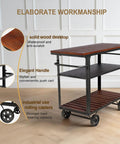 Smooth Rolling Three Tier Vintage Bar Cart On Wheels With Heavy Duty Metal And Wood Frame For Kitchen Home Office Or Weekend Hangout Setup Built Rock Solid With Dual Side Handles featuring solid wood desktop and industrial rolling casters.