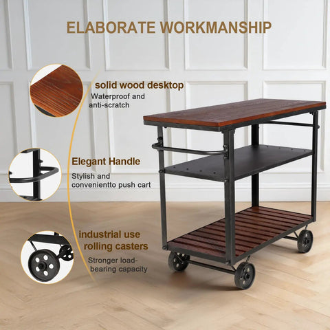 Smooth Rolling Three Tier Vintage Bar Cart On Wheels With Heavy Duty Metal And Wood Frame For Kitchen Home Office Or Weekend Hangout Setup Built Rock Solid With Dual Side Handles featuring solid wood desktop and industrial rolling casters.