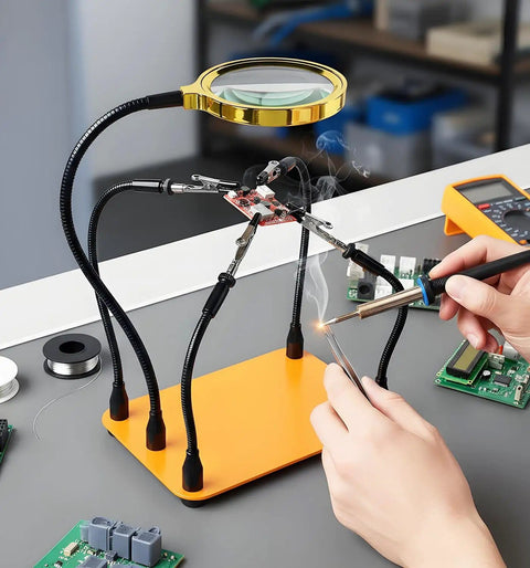 Helping Hands Soldering Station With 5X Magnifying Glass And 4 Flexible Arms, used for electronics repair on a yellow base.