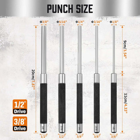 5 Piece Roll Pin Punch Set 8 Inch Carbon Steel Pro Grade Pin Punch Tool Kit With Storage Pouch for Gunsmithing and Repair
