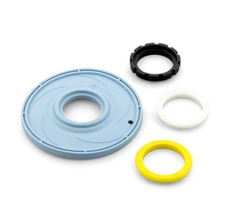 Zurn P6000-ER15 diaphragm kit for AquaFlush valve: blue plate with black gasket, white spacer, and yellow ring (3 pc).