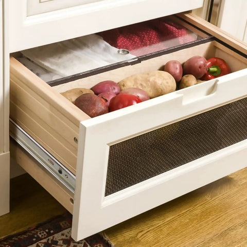 Heavy Duty 20 Inch Full Extension Drawer Slides Featuring Soft Close Ball Bearings Side Mount Cabinet Glides holding vegetables in a kitchen drawer.