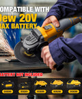Rugged Brushless Cordless Angle Grinder 4 1/2 Inch With Variable Speed Dial compatible with DEWALT 20V battery in use.