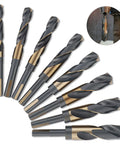 Reduced Shank Drill Bit Set For Metal Wood Plastic, 8 Sizes From 9/16 To 1 Inch, HSS M2 With Titanium Black Nitride Coatings