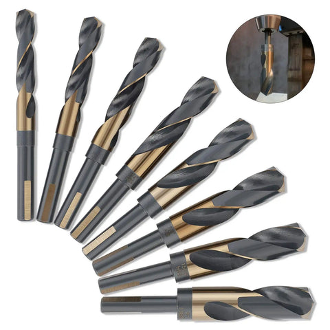 Reduced Shank Drill Bit Set For Metal Wood Plastic, 8 Sizes From 9/16 To 1 Inch, HSS M2 With Titanium Black Nitride Coatings