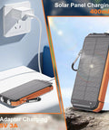 Portable Solar Charger And Power Bank With Wireless Fast Charging, 20000mAh Battery Pack, USB-C Input, dual flashlight, orange.
