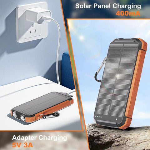 Portable Solar Charger And Power Bank With Wireless Fast Charging, 20000mAh Battery Pack, USB-C Input, dual flashlight, orange.