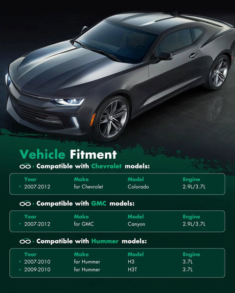 Dark gray sports car highlighting vehicle fitment for Chevrolet, GMC, and Hummer models with engine specifications.