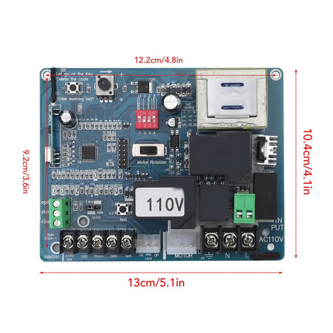 Sliding Gate Opener Circuit Board With Remote Control Advanced Microcomputer Control No Hassle Plug And Play Setup For Factories Schools And Homes 110V Gate Automation System With Two Remotes, showing detailed front view with 110V label and component layout.