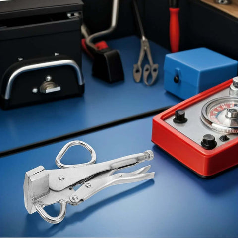 Adjustable Auto Body Frame Clamp Locking Pliers with Wide Flat Duckbill on garage workbench for precise welding and dent repair