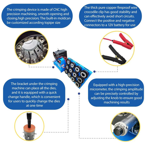 Professional Electric Hydraulic Hose Crimper And Swaging Tool For Quick 1/4 To 2 Inch Fittings featuring CNC precision dies and clips.