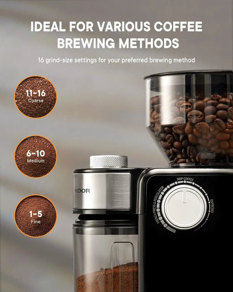 SHARDOR Electric Burr Coffee Grinder 2.0 Automatic Bean Mill For Home displaying 16 grind settings and coffee beans.