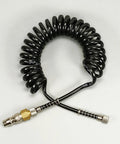 Heavy Duty Air Compressor Hose With 1 4 Inch Quick Release Couplers No Kink Nonsense Tubing coiled design showing black tubing and steel couplers.
