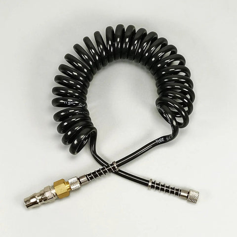 Heavy Duty Air Compressor Hose With 1 4 Inch Quick Release Couplers No Kink Nonsense Tubing coiled design showing black tubing and steel couplers.