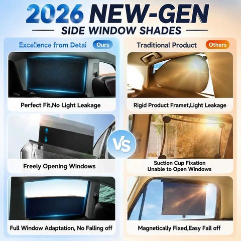 Comparison of Baby Car Window Shades With UV Block And 99 Percent Sun Protection showing new-gen side window shades vs traditional products.