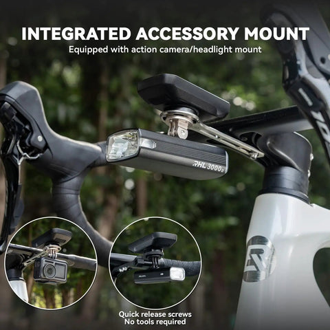 Out Front Bike Computer Mount For Garmin Edge And Most Watches With Three Bases, Expandable For Car Lights And GoPro shown on bike handlebar