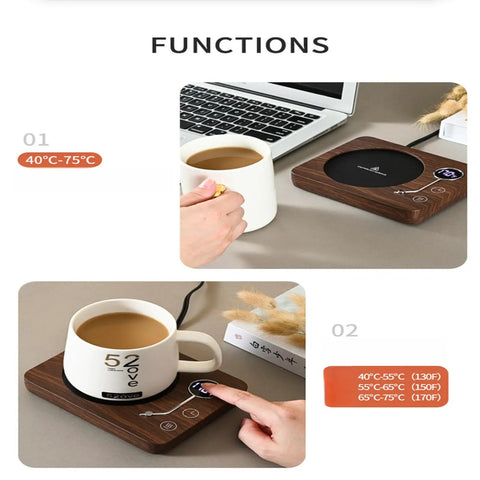Game Changing Desk Essential Smart Electric Coffee Heated Coaster With Precise Thermostatic Heat Control Adjustable From Forty To Seventy Five Degrees mug pad with touch controls and coffee mug.