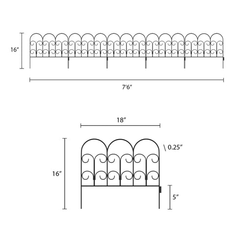 Diagram of Metal Garden Fencing Set Of 5 Interlocking Panels For Flower Beds And Landscaping Decorative Scroll Edging With Lawn Stakes Seven Point Six Feet Of Border Durable Black Patio Ready Yard Border with dimensions