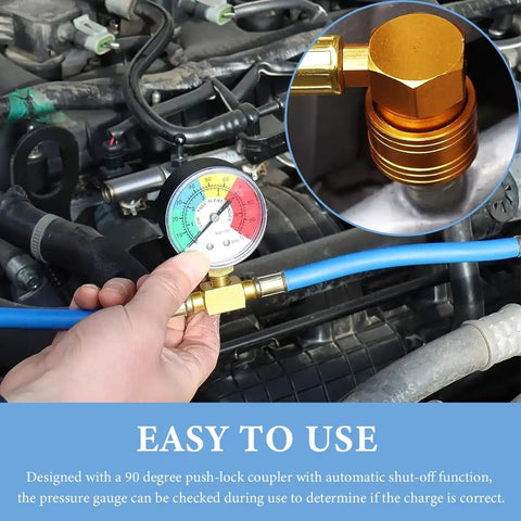 R134A Refrigerant Charging Hose Kit With Pressure Gauge And Half Inch Tap Dispensing Valve For Car Air Conditioning Recharge Must Have For Pros And DIY Home Mechanics shown in use with pressure gauge close-up