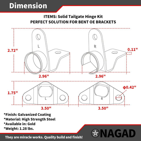 Chevy Silverado GMC Sierra Tailgate Hinge Kit Replacement dimensions, zinc-plated steel, 1999-2007 1500 1500HD 2500 2500HD 3500 Classic