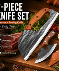 Hand Forged Cleaver And Boning Knife Set With Ergonomic Handles For Meat Veggies And Fruits, 2 Piece Kitchen Knife Set on wooden board