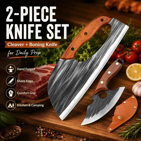 Hand Forged Cleaver And Boning Knife Set With Ergonomic Handles For Meat Veggies And Fruits, 2 Piece Kitchen Knife Set on wooden board