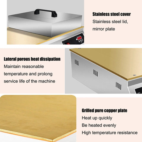 Commercial Electric Griddle Featuring Pure Copper Plates For Effortless Flipping Of Japanese Souffle Pancakes And Pillowy Dorayaki Sweets Smart Temperature Control For Top Shelf Kitchen Hustlers And Stands with stainless steel cover.