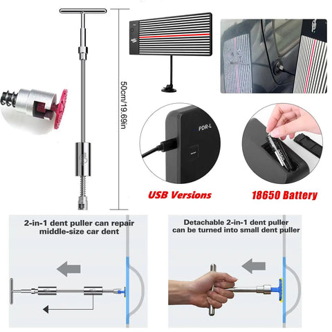 Pro DIY PDR Dent Repair Kit With 148 Pieces Dent Puller And LED Light Board showing USB and battery features