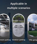 Image showing Heavy Duty Wall Mount EV Charger Protection Box in various scenarios: basement, outdoor, and villa garage settings.