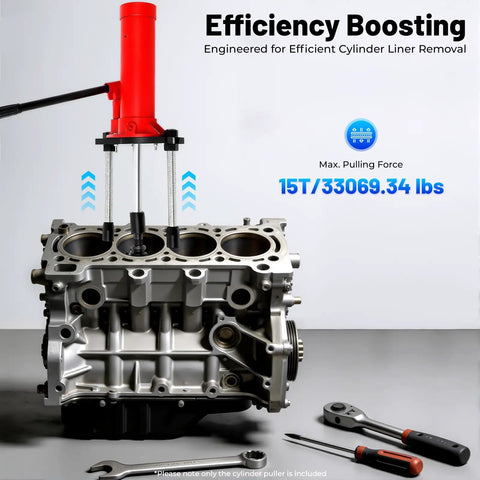 Badass 15 Ton Hydraulic Cylinder Liner Puller Kit For Universal Wet Dry Engine Sleeve Ripper in action with engine block.