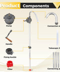 Heavy Duty Drum Pump For 5 To 55 Gallon Drums With 35 Inch Extension Tube Corrosion Resistant Oil Transfer For Heating Oil Diesel Hydraulic Oil And Engine Oil showing components including pump, handle, and tubes.