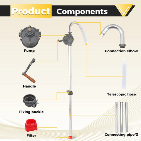 Heavy Duty Drum Pump For 5 To 55 Gallon Drums With 35 Inch Extension Tube Corrosion Resistant Oil Transfer For Heating Oil Diesel Hydraulic Oil And Engine Oil showing components including pump, handle, and tubes.